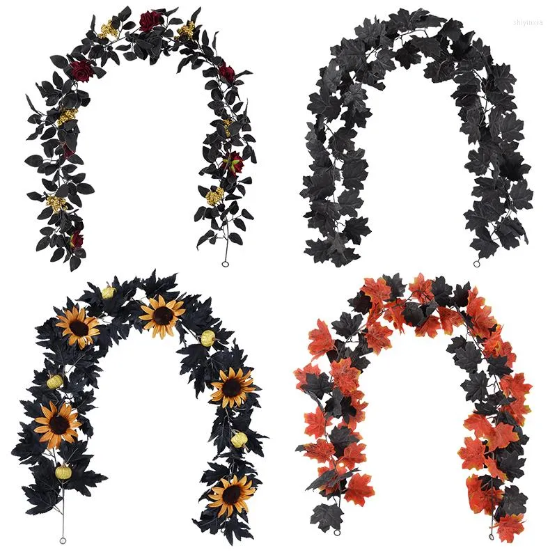 Dekorative Blumen Künstliche Rattan Black Vine Halloween Wandbehang Dekor Rose Sonnenblumen Girlande Pflanzen Blätter Dekoration