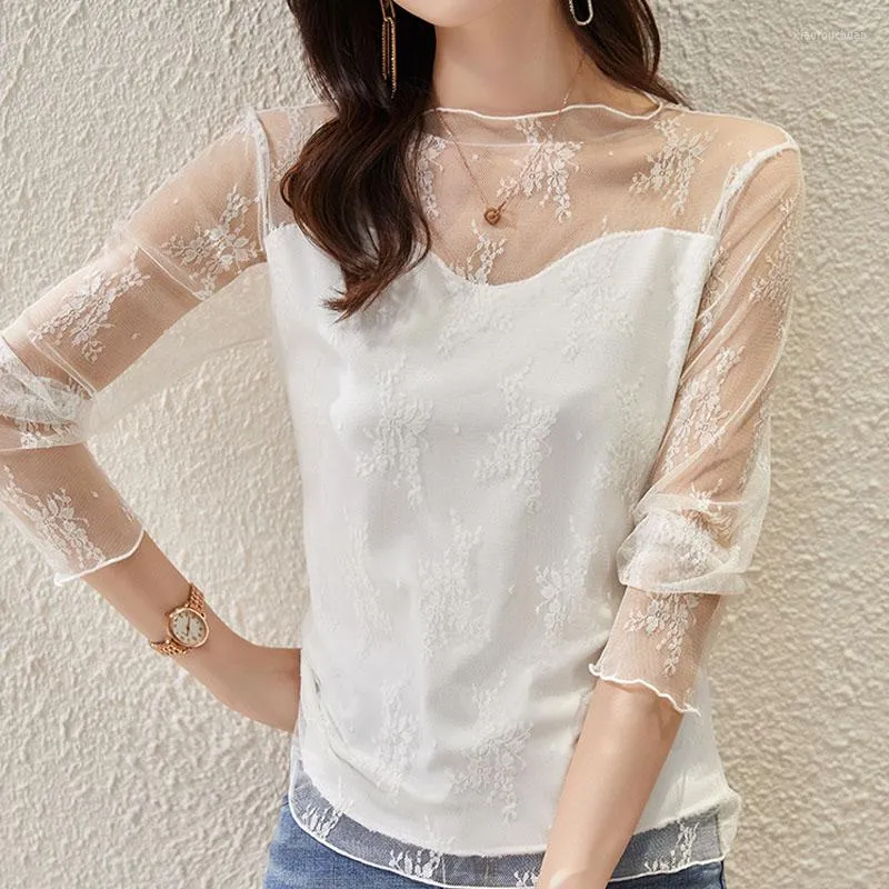 Women's Blouses 2023 Autumn French Outerwear Top Women's White Long Sleeve Slim Fitting Lace With Bottom Ladies Black Clothing 1182