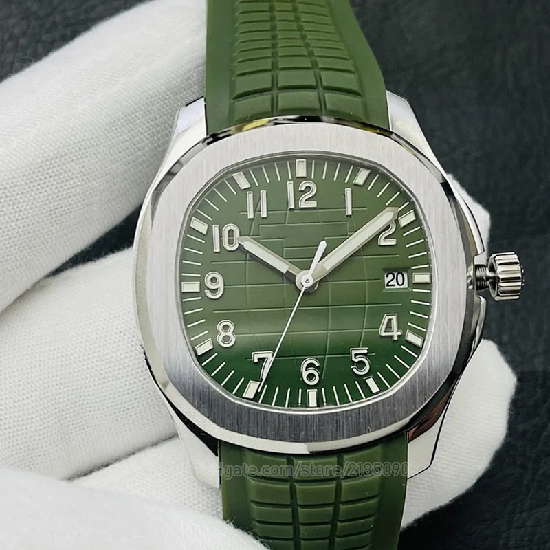 Yeşil Kauçuk Kayış Beyaz Altın Saatler 18K Beyaz Dial Boutique Erkekler İzle Otomatik Mekanik Silikon Bant Siyah 42mm Bombalı Lüks Moda Bileği