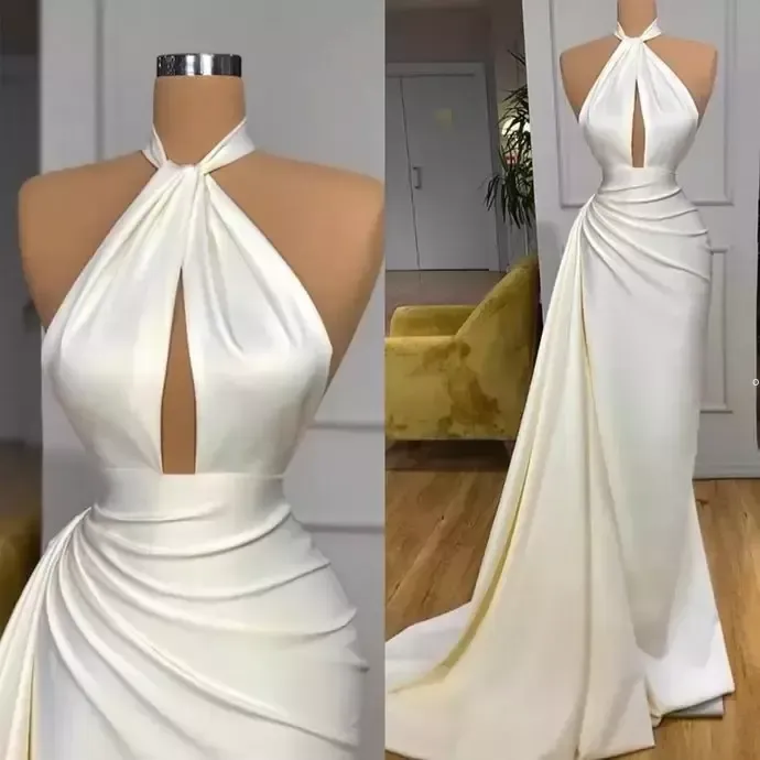 2023 Prom Dresses Halter Mermaid Satin Sweep Train Plunging V Neck Sleeveless Custom Made Evening Gown Formal Ocn Wear Vestidos Plus Size 401 401