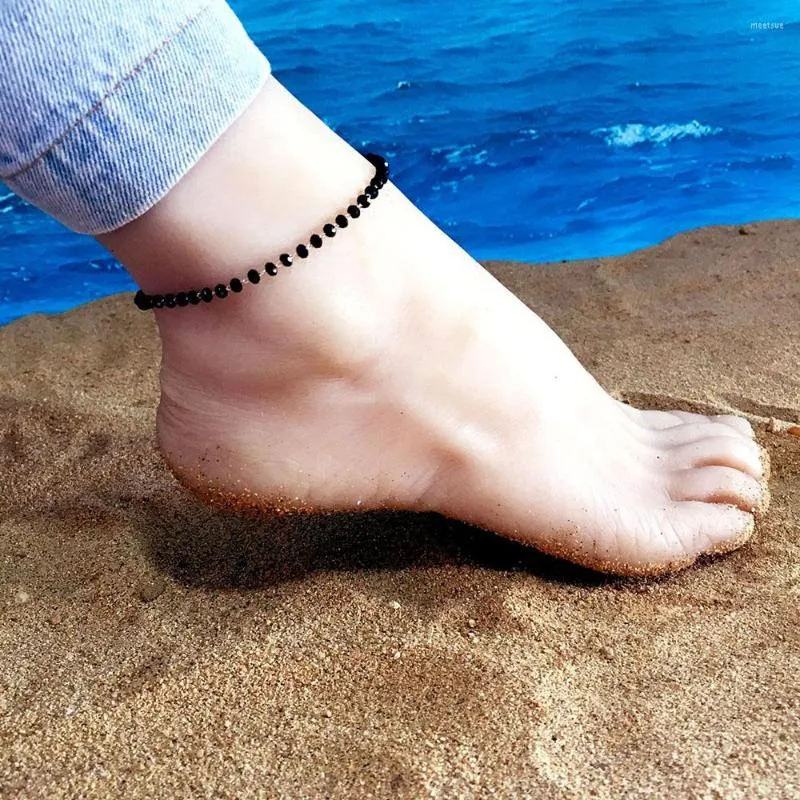 Anklets Fashion Black Crystal Beads Dames Anklet Gold Silver Metal Chain Beach Boheemse schoenen