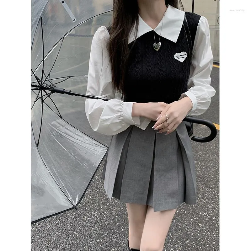 Robes de travail douce fille japonaise mode 2 pièces jupe ensembles à manches longues Patchwork chemise haut taille haute plissée Mini 2pc robe tenues