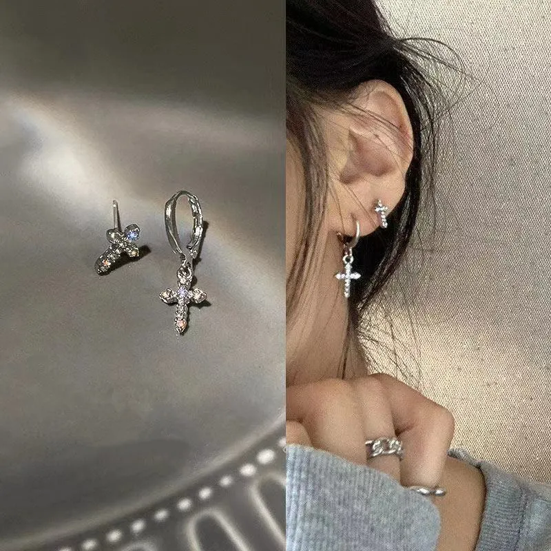 Asymmetric Cross Stud Earrings for Women Grunge Fashion Style Piercing Earring with Cross Hip Hop Jewelry