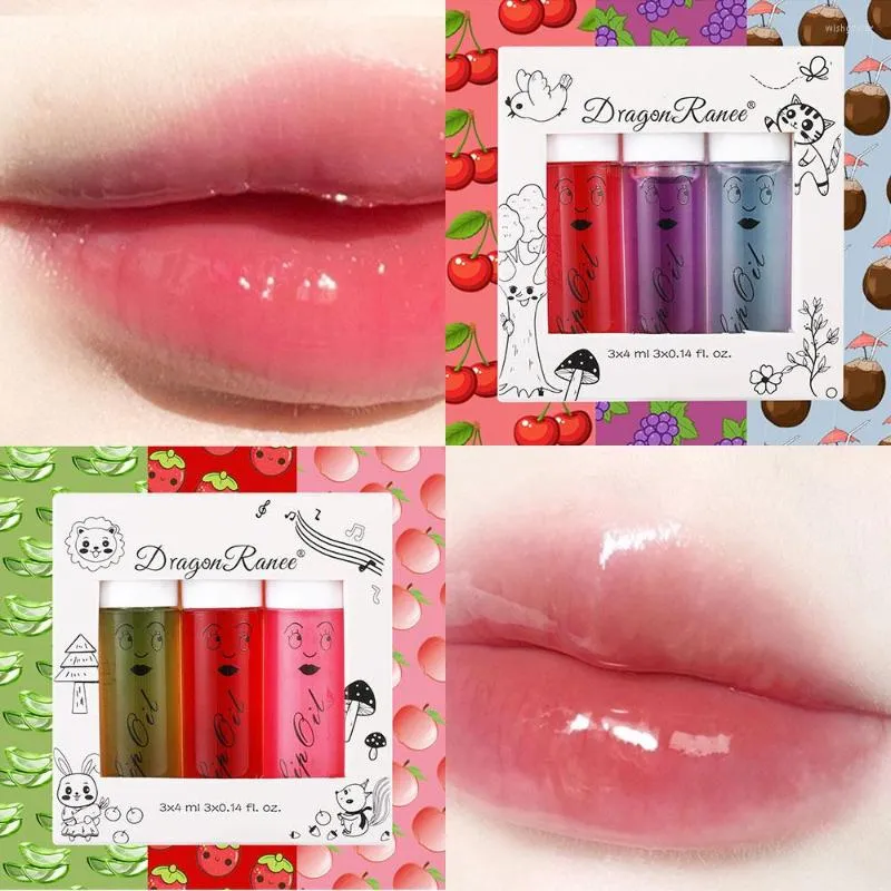 Lip Gloss 3PCS Fruit Set Moisturizing Oil Glaze Waterproof Nourishing Cheery Grape Tint Makeup