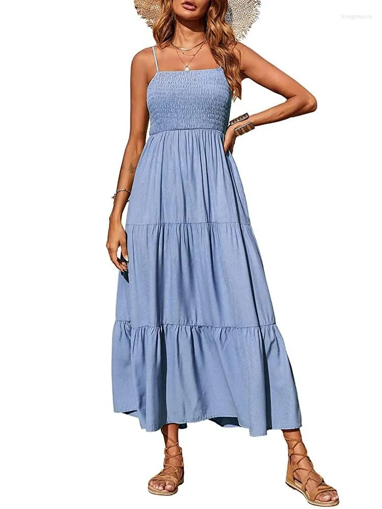Sukienki swobodne 2023 Summer Maxi sukienki Kobiety moda boho plażowa bez rękawów pasek spaghetti Smocked Współziatkowy