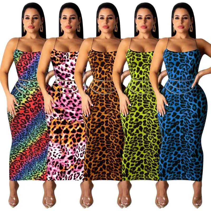 Casual Dresses Women Leopard Print ärmlös klänning Summer Spaghetti Strap Bodycon Slim Sexy Evening Party Club