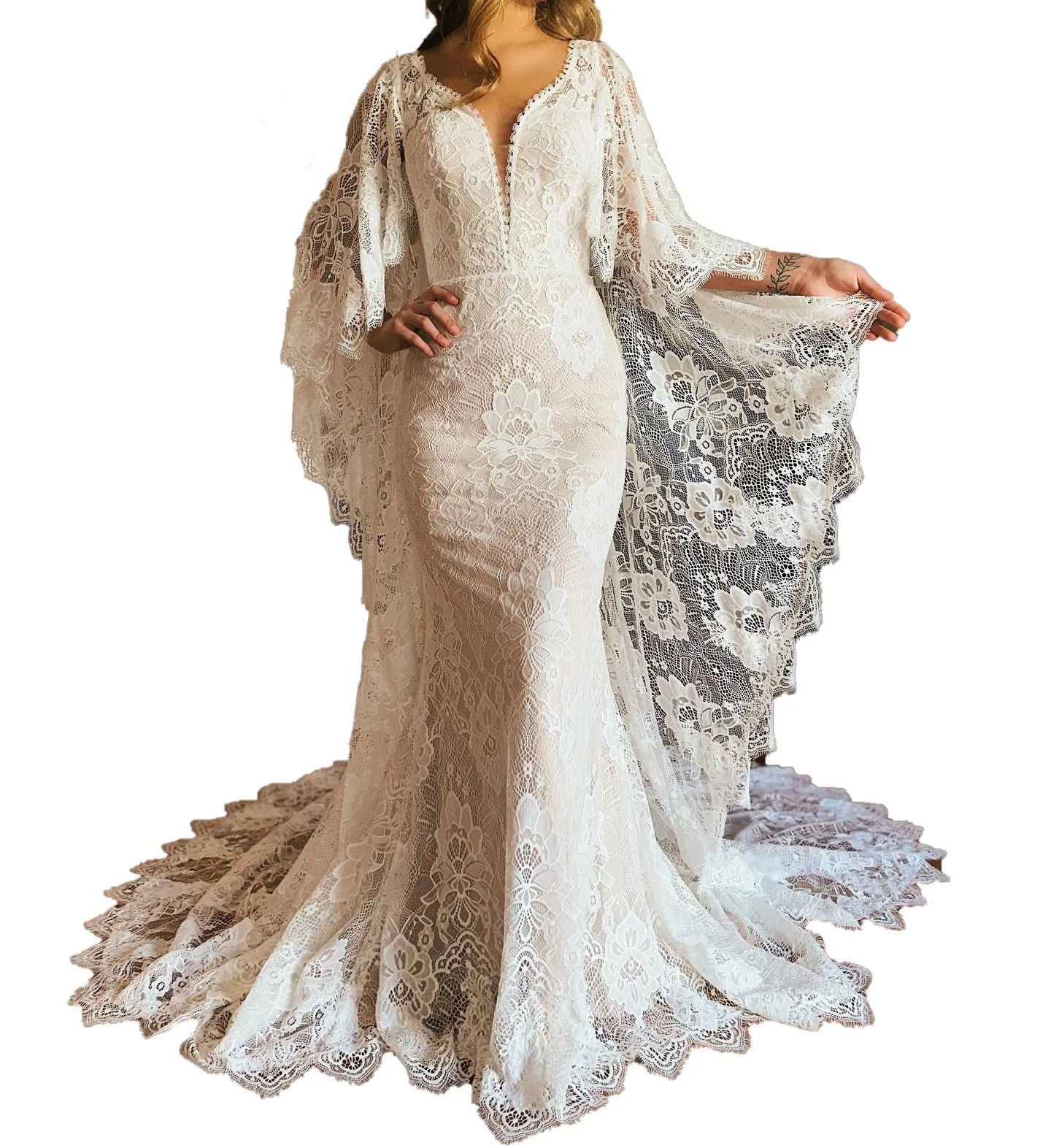 Boho Beach Wedding Maxi Dress for Wedding with Lace Fit and Flare, Flutter Sleeves, Open Back, and Chapel Train - 2023 Collection