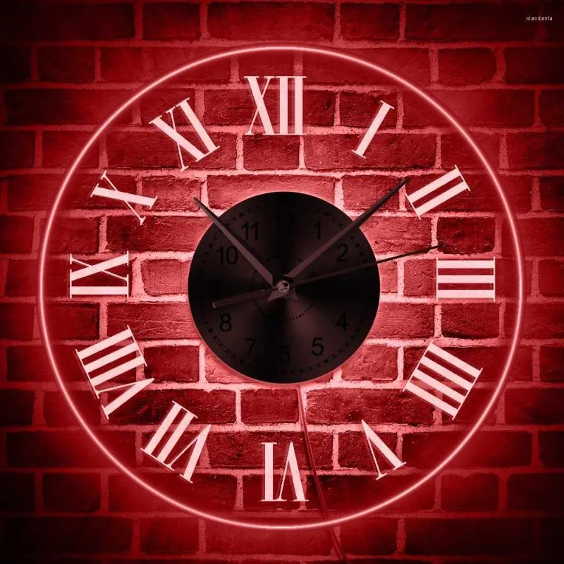 Red Wall Clock Classic Roman Numbers Clock With LED Night Light Display