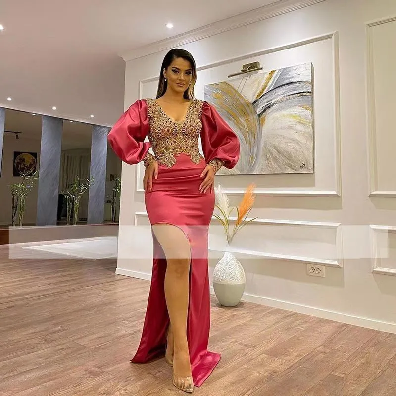 Hot Pink Prom Dresses Mermaid 2022 V Neck Beads Long Sleeves Evening Dresses For Women Reception Wear Robe De Soir￩e