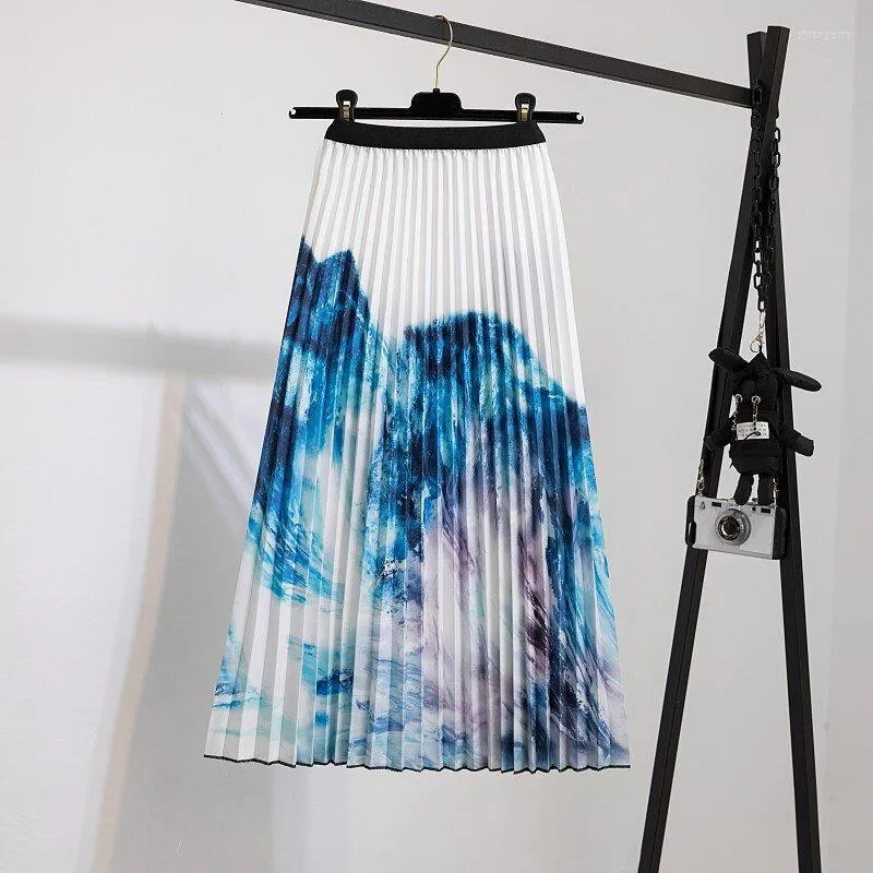 Skirts Printed Pleated Skirt Mid Length Ink Landscape Painting Pattern Elastic Waist Bohemian Women's