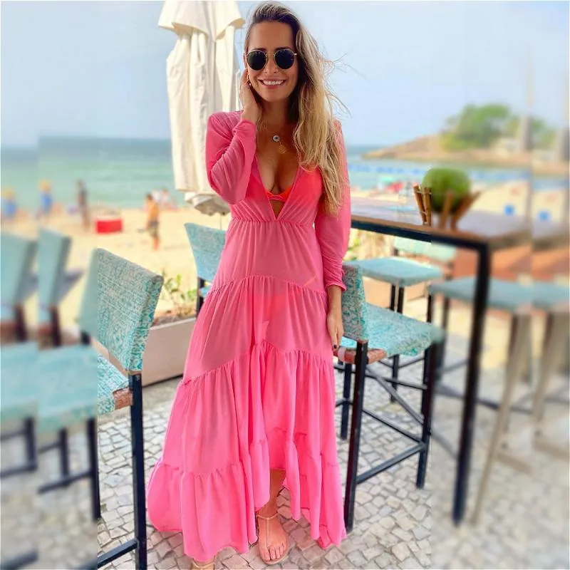 Maillots de bain pour femmes 2023 Bikini Cover-ups Femmes Couleur unie Voir à travers Sexy Beach Dress Manches longues Mesh Sheer Loose Ruffle Maxi Robes Femal