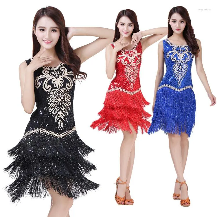 Stage Wear Latin Dance Dress Sleeveless Sequin Fringe Competition Performance Costume