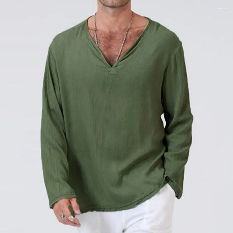 Men's T Shirts Men Linen Solid Long Sleeve Loose Casual Blouse Spring Autumn Breathable V-Neck Beach Style Male Tee Tops