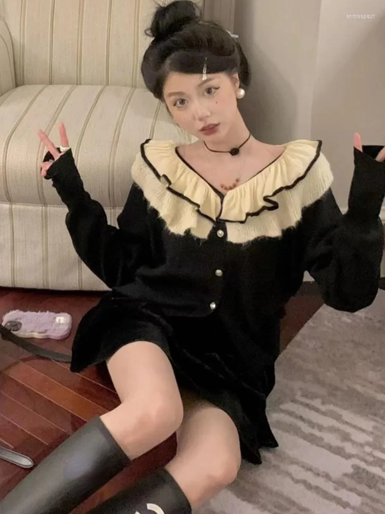 Magliette da donna Korobov Contrasto a colori maglieria bordo del cardigan adorabile maglione maglione vintage di moda coreano pull femme hiver 2023