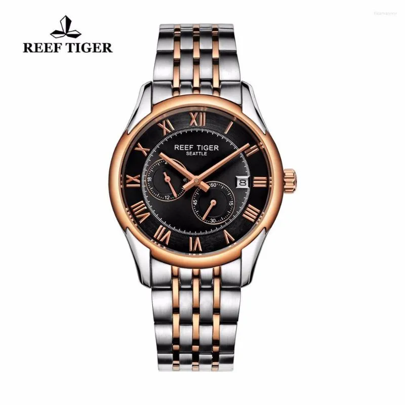 Montres-bracelets Reef Tiger/RT Montres d'affaires pour hommes Montre automatique en acier inoxydable en or rose avec date RGA165