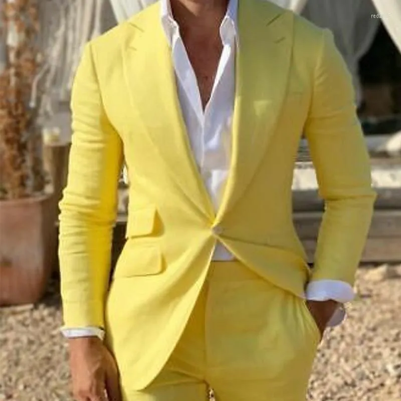 Costumes pour hommes jaune lin hommes pour la plage d'été Slim Fit 2 pièces mariage marié smoking mâle mode Costume veste avec pantalon