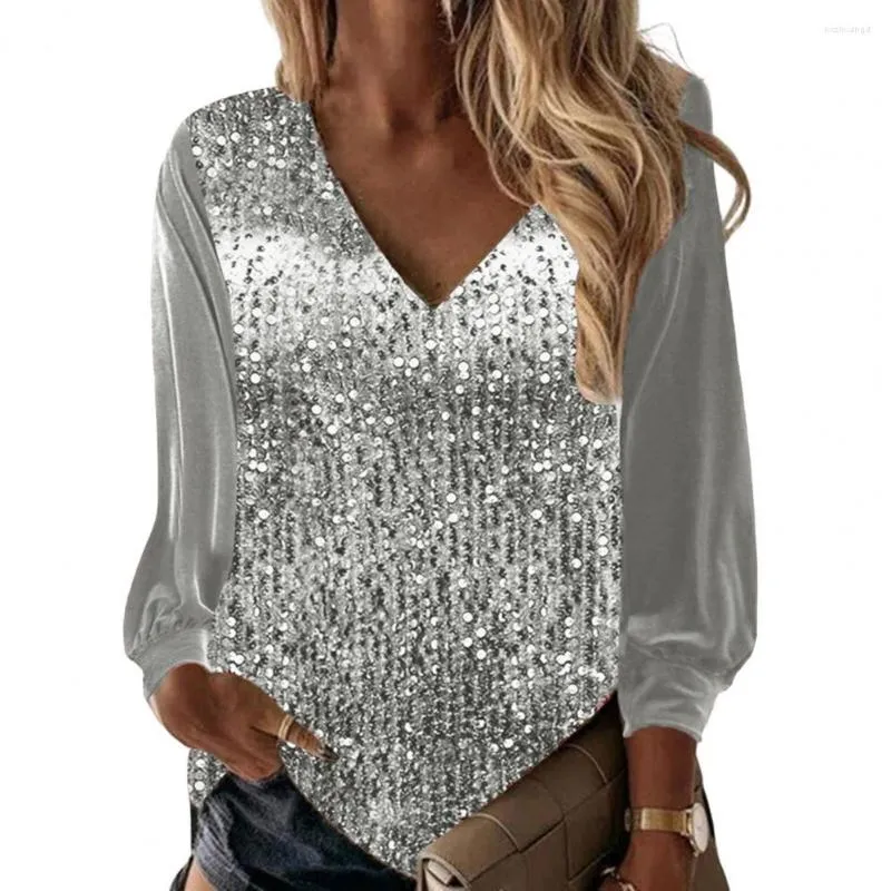 Women's Blouses 2023 Fashion Blouse Women Top Shiny Sequin Glitter Long Sleeves Deep V Neck Pullover Mid Length Fall Spring Clothes