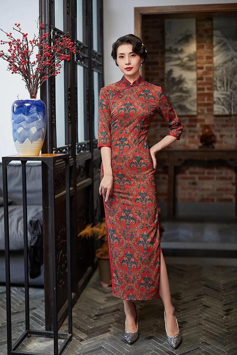 Vêtements ethniques imprimé bordeaux femmes Qipao élégant mince Cheongsam Vintage scène spectacle robe formelle fête Sexy fendu Vestidos 4XL