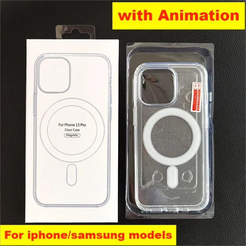 Magsafe Transparent Clear Acrylic Magnetic Shockproof Phone Cases for iPhone 14 13 12 11 Pro Max Mini XR XS X 8 7 Plus Samsung S23 S22 Ultra plus With Animation Package