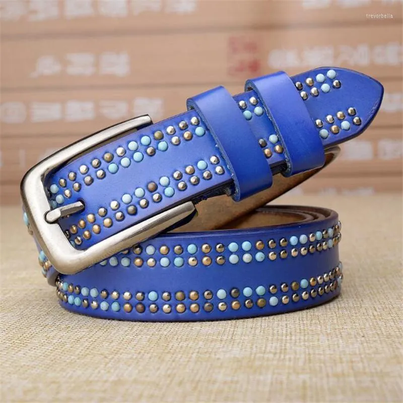 Cinturones de moda de alta calidad, cinturón azul para mujer, estilo Punk con remaches, pantalones vaqueros anchos de 2,8 CM para mujer, cinturones de estilo, cinturones