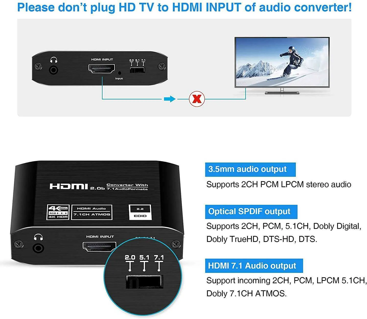 60Hz 4K HDMI Switch HDR HDMI ARC extracteur audio HDMI 2.0 séparateur  commutateur HDMI commutateur audio extracteur pour PS4 pro apple TV