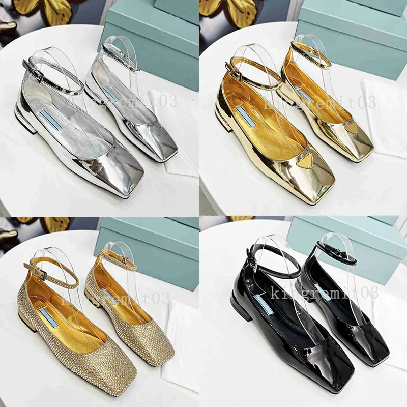 Designer Sandaler Ballet Flats Milano Metallic Leather Loafers Shoes Women Ankle Strap Fashion Toe Shoes Rhinestones Patent Leather Sandal med Box 35-40