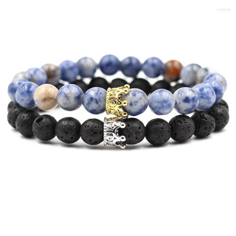 Strand 2 Set Natural Volcanic Stone Women Men Elastic Beads Bracelet Bangle Jewelry Charm Micro Inset Zircon Crown Accessories