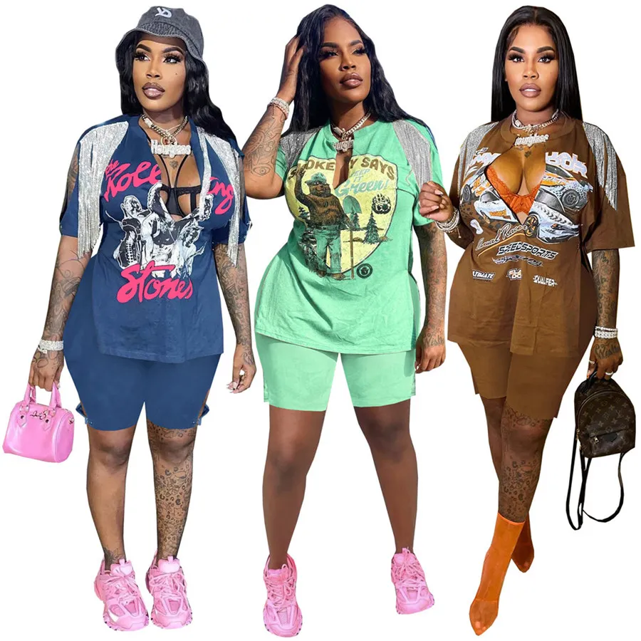 Designer Bulk Wholesale Women Two Piece Set Print V Neck T-Shirts Slipt Shorts Tracksuits Casual High Street Hip Hop Outfits 9404