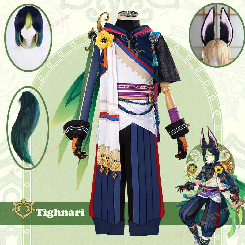 Costumes de anime Genshin Impact Tighnari cosplay vêm as orelhas de peruca curtas cauda uniforme manta verdejante calça capuz luvas acessórios para cabelo z0301