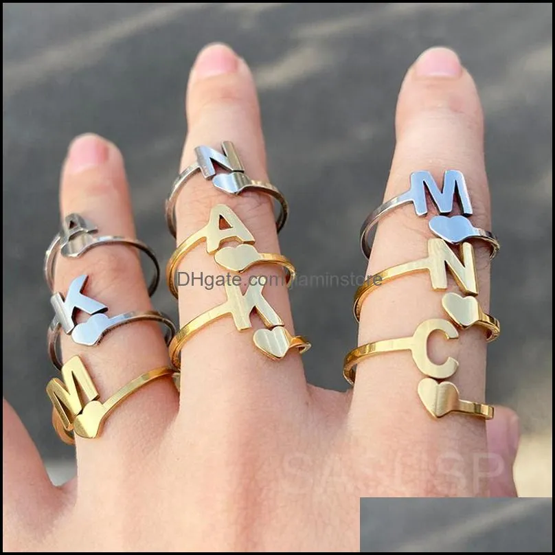 Bandringen Tiny Heart Initial Letter Roestvrij staal 26 az paar ring voor vrouwen mannen mode verstelbare sieraden vriendschap geschenken dro dhezs