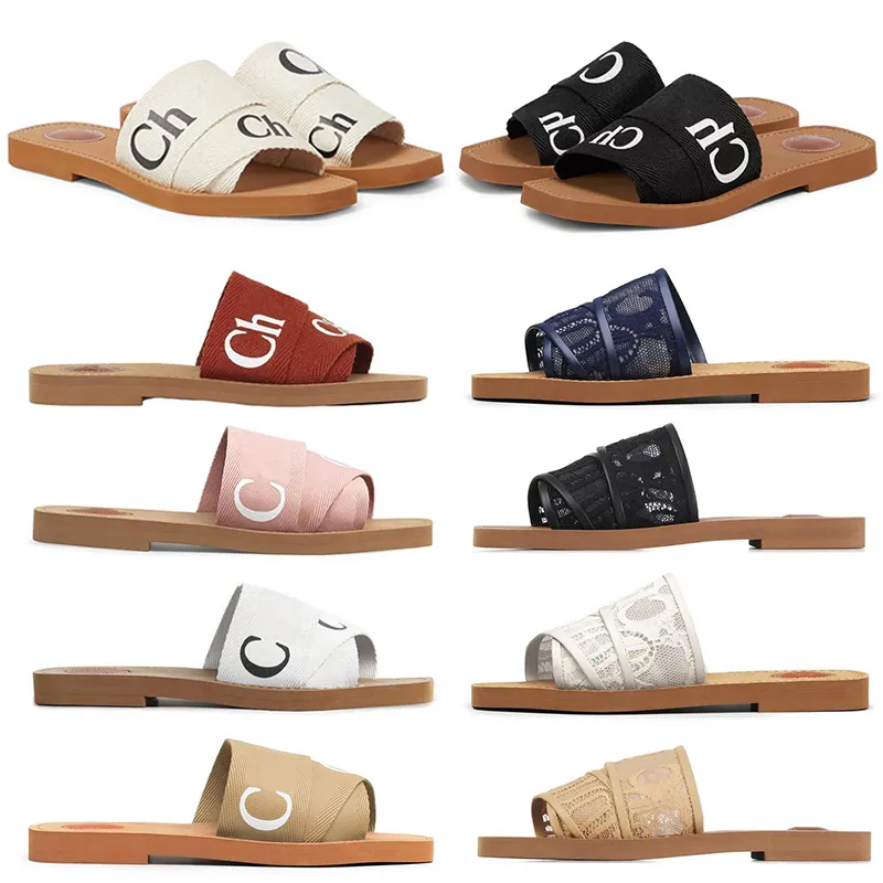 Designer Woody Chinelos Sandálias Sliders Sliders Para Mulheres Mules Plana Slide Light Tan Bege Branco Preto Rosa Letras Tecido Canvas Mulher Chinelo Slider Sandália