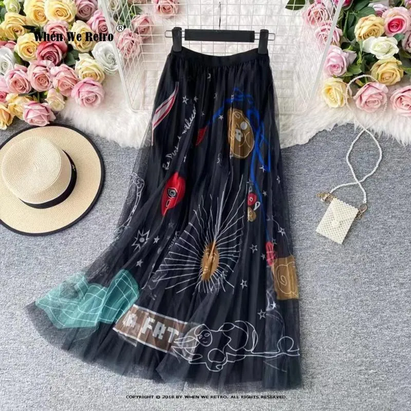 Skirts Chic Fairy Floral Print Mesh Skirt All Match Mujer Faldas Korean Vintage Fashion Long Casual Black Sweet Tulle RS029