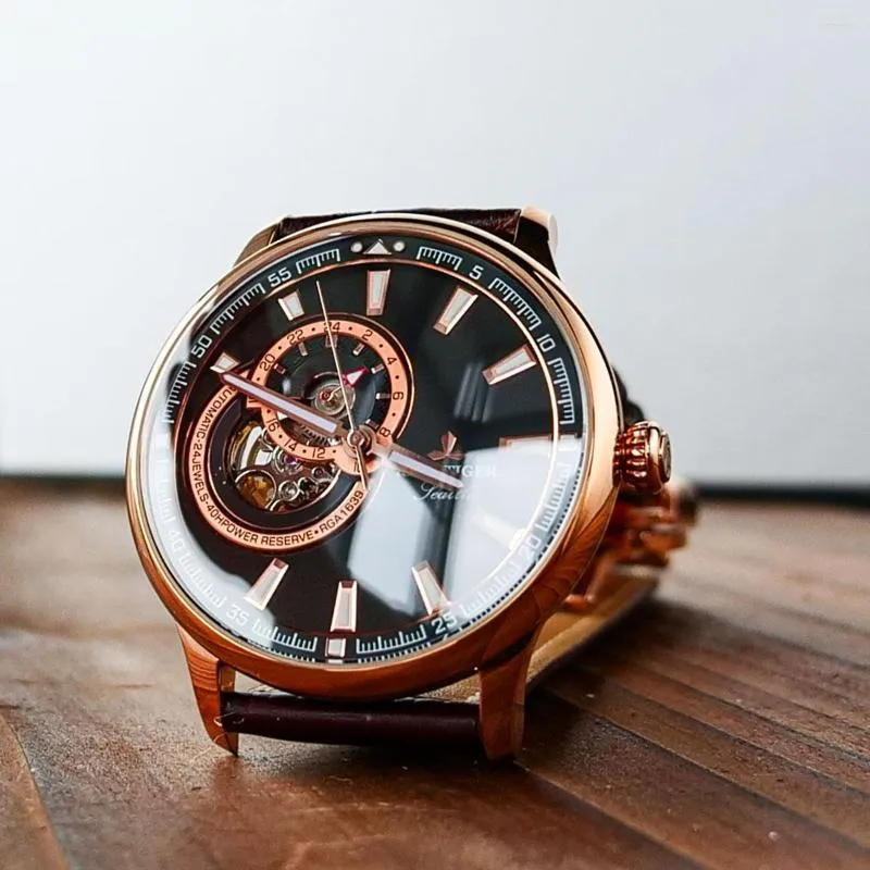 Wristwatches Reef Tiger/RT Mens Watch Top Tourbillon Watches Genuine Leather Strap Rose Gold Relogio Masculino RGA1639