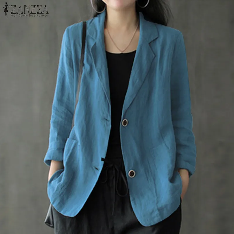 Women's Suits Blazers Autumn OL Suit Blazers Casual Solid Lapel Thin Blazer ZANZEA Women Long Sleeve Cotton Linen Coats Female Jackets Outwear 230306