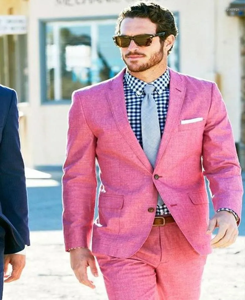 Abiti da uomo di alta qualità rosa Groomsman Suit Custom Made Man 2Psc lino smoking dello sposo Summer Beach per abiti da sposa