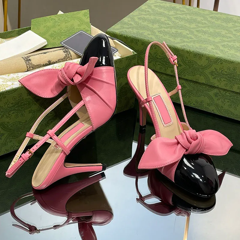 Womens Patent Leather Sandals With Bow Stiletto High Heels 8.5cm Slingbacks Dress Shoes Retro Round Toe Green Pink Large Size Ladie For A Gift Outdoor Casual Slide