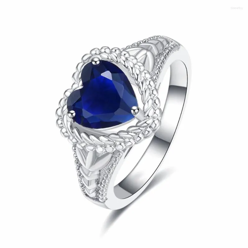 Anneaux de mariage Hainon mode argent couleur bague bleu foncé cristal Simple coeur pour les femmes fiançailles bijoux cadeaux