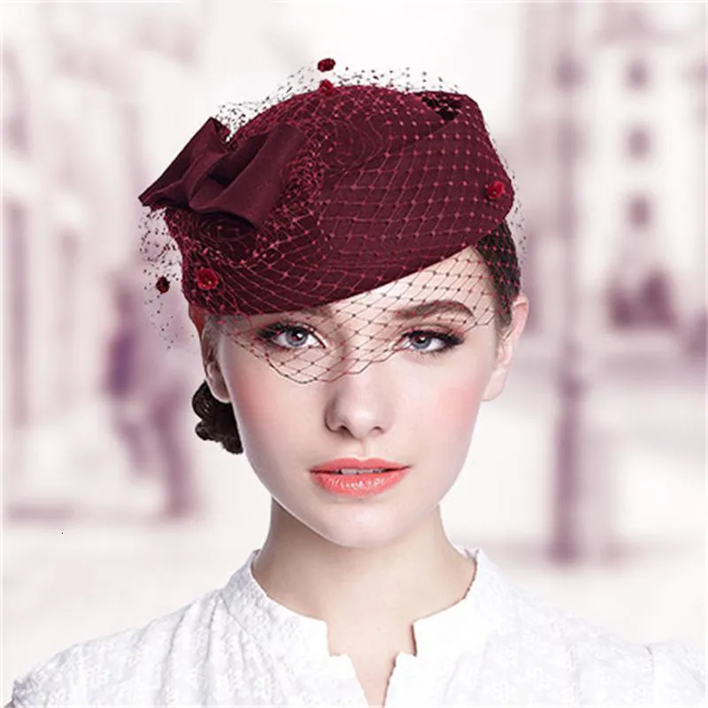 Chapeaux avares bérets casquettes pour femmes mariée élégante laine gaze arc hôtesse de l'air blanche femmes Fedora casquettes formelle dame chapeau Royal Style 230306