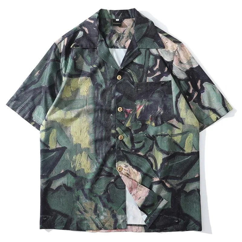 Camisas casuais masculinas Hip Hop Streetwear Men Hawaiian Camisa Paintada à mão Print Full harajuku Moda curta de manga curta solto camisasmen's