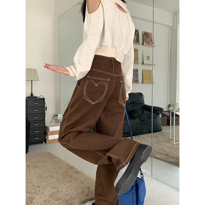 Women's Jeans Brown Women's Jeans High Waist Vintage Straight Baggy Denim Pants Streetwear Heart Pattern Design Fashion Wide Leg Denim Trouser 230303