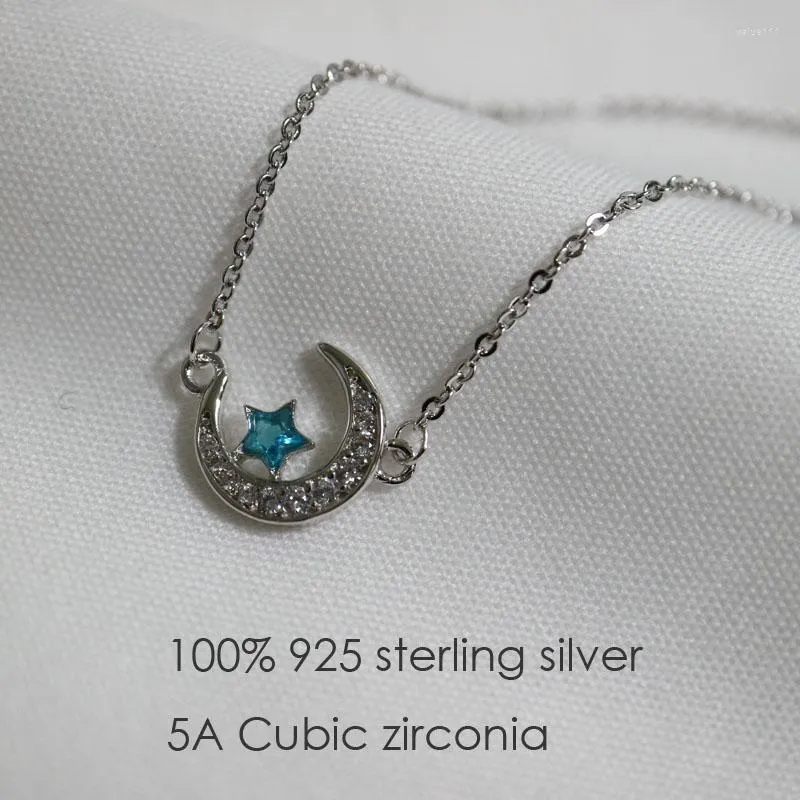 Hänghalsband riktiga 925 Sterling Silver Crystal Moon Blue Star Necklace Rhodium Plated Choker Jewelry for Girls