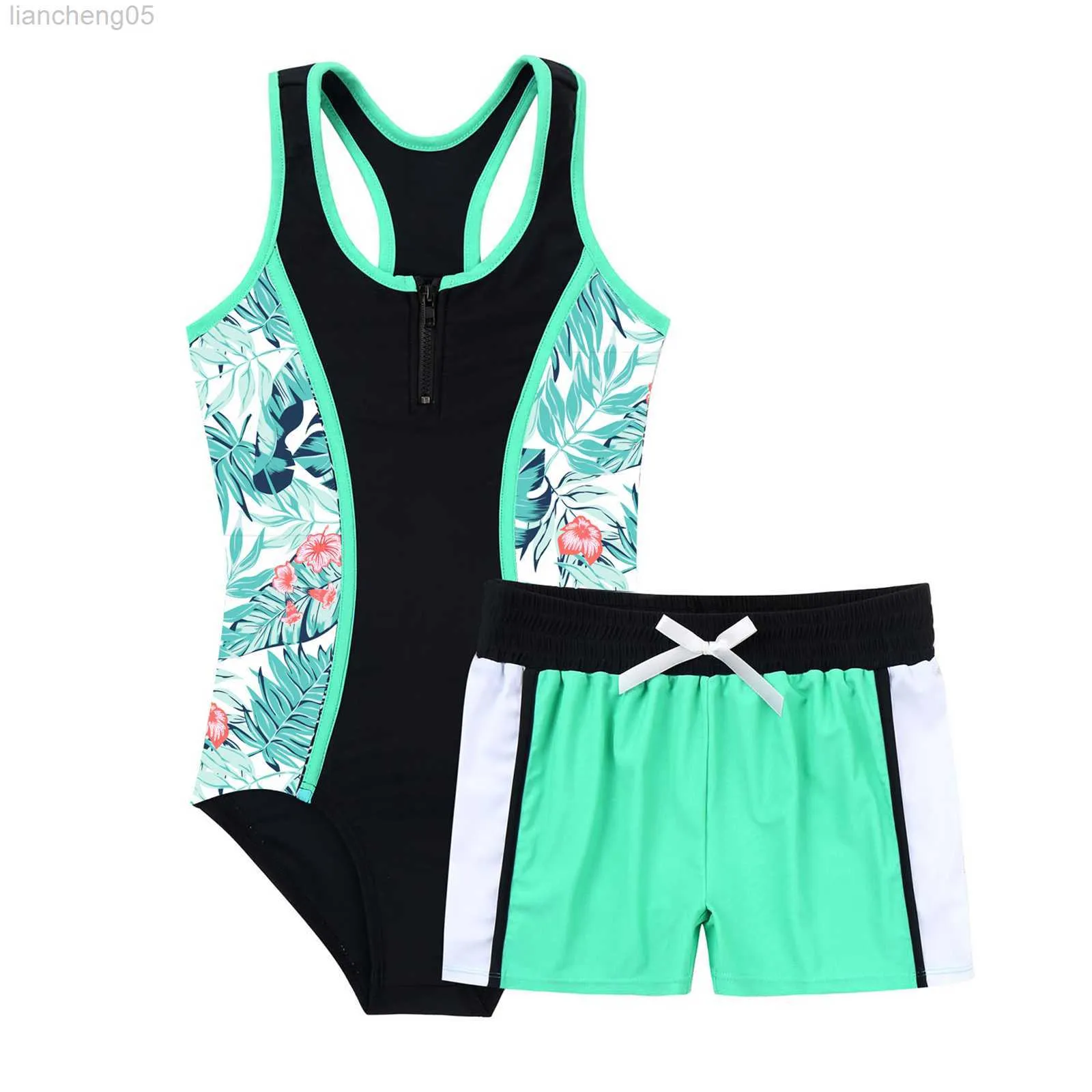 One-Pieces Kids Children Girls Swimsuit Swimwear Outfits Floral Printed Bodysuit Swimsuit Swimwear Bathing Suit Set with Bottoms Shorts W0310