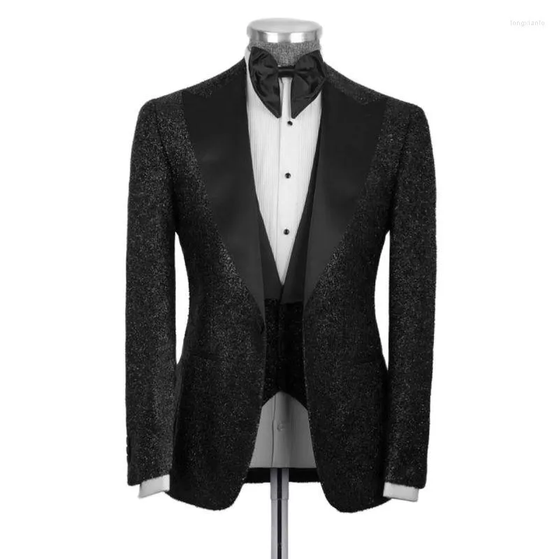 Men's Suits Shiny Sequin Black Men Jacket Slim Fit 3 Piece Blazer Sets Vest Pants Wedding Groom Tuxedo Performance Party Male Clothes