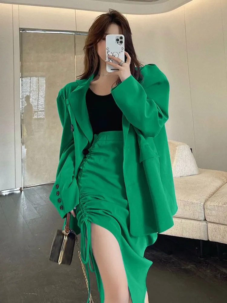 Two Piece Dress Set Women Loose Single Breasted Long Sleeve Blazer Drawstring Pleated Forked Sexy Skirts Solid Elegant Skirt Suits 230306