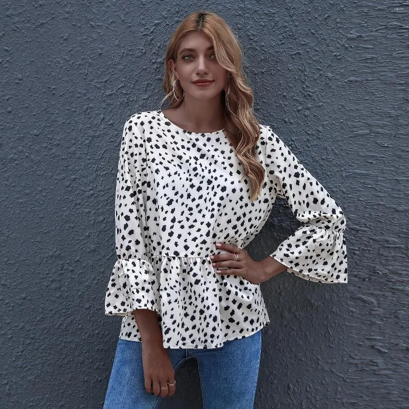 Women's Blouses 2023 Spring And Autumn Black Dot Print Round Neck Top Loose Ruffled Women's Clothing