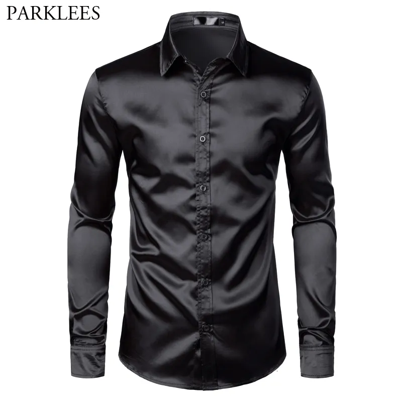 Casual shirts voor heren voor heren zwart satijnen luxe shirts zijden gladde mannen smoking shirt slanke fit bruiloft feest prom casual shirt chemise homme 230303