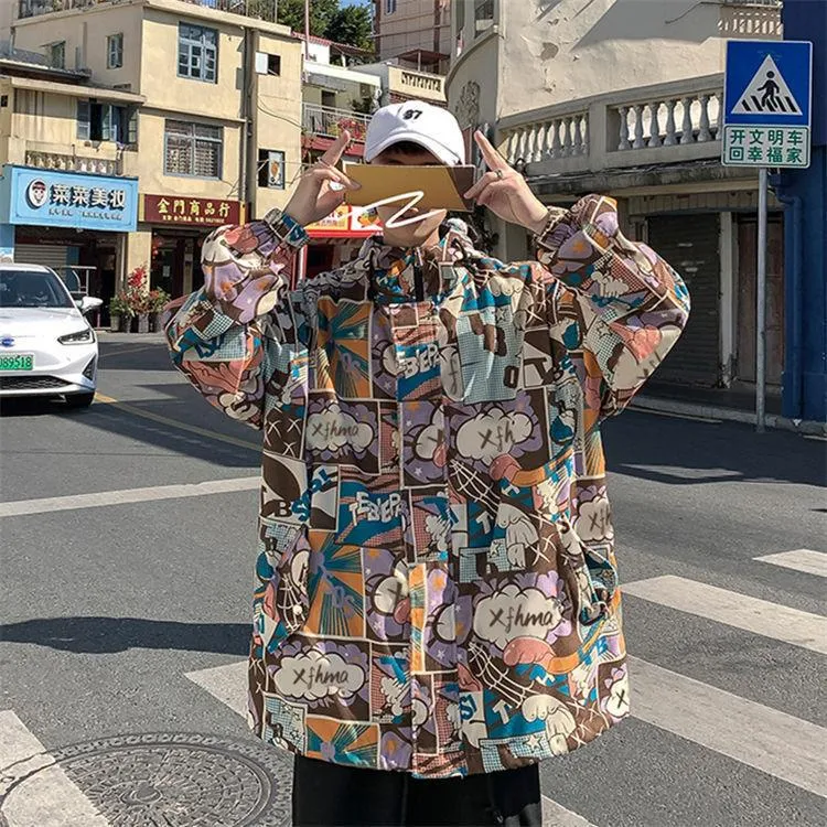 Męskie bluzy bluzy wiosenne i jesienne w stylu Hongkongu Hip-hop Graffiti Hooded Jacket Mężczyzna