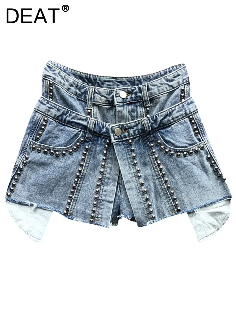 Kvinnors shorts DEAT 2023 Summer Fashion High midja Fake Two PCS Rivet Loose Wide Ben Short Denim Pant Kvinna 17A767 230306