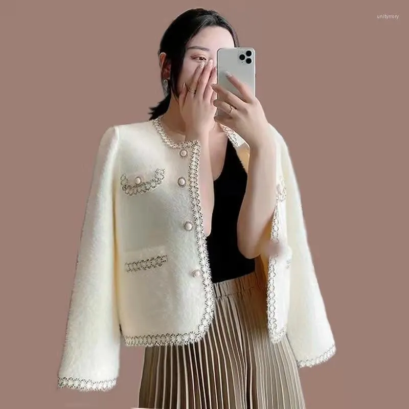 Kvinnorjackor Autumn Tweed Wool Coat Women Korean Elegant Temperament Round Neck Woven Edging Design Löst elegant jacka