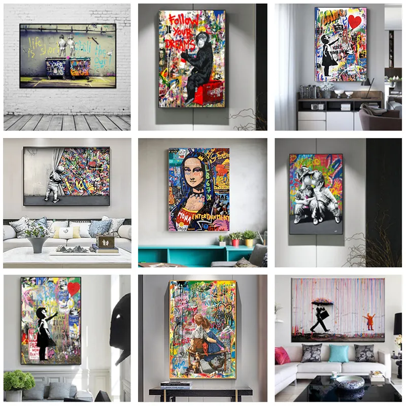 Foreign trade street graffiti Banksy oil painting, decorative painting, living room bedroom mural, canvas painting, HD inkjet painting core